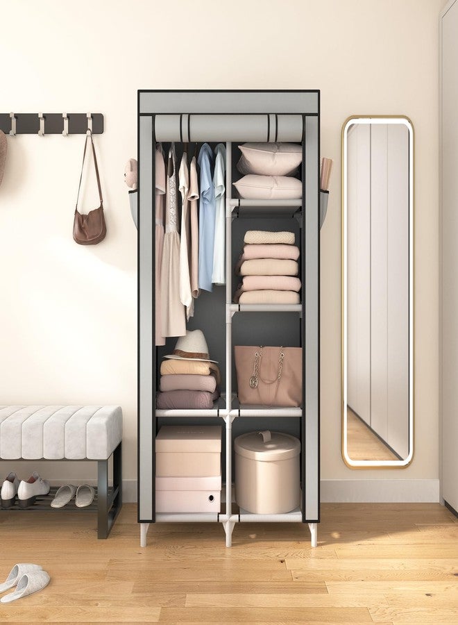 ROJASOP Portable Closet Wardrobe Closet for Hanging Clothes with 6 Storage Shelves, 1 Hanging Rod and 4 Pockets, Clothes Organizer and Storage Wardrobe Free Standing Closet for Bedroom, Grey - Image 2